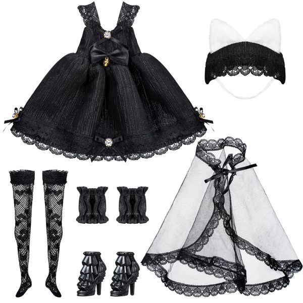 Wettarn 6 Pcs Gothic Doll Clothes and Accessories 12'' Black Doll Clothes Outfits Wedding Tutu Ballet Dress for Women Doll Outfits Party Princess Gown for Halloween Cosplay Gift Doll Dress Stocking