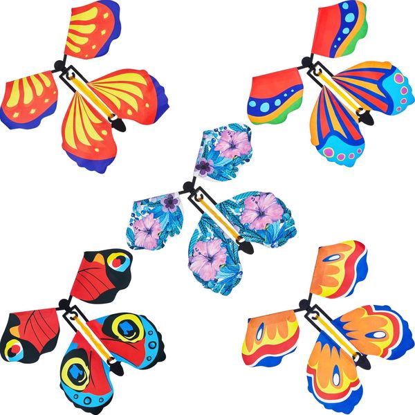 5 Pcs Butterfly Wind up Magic Flying Butterfly Cards Surprise Insert Toys Rubber Band Butterfly Toys for Explosion Box Colorful Bookmark Gifts