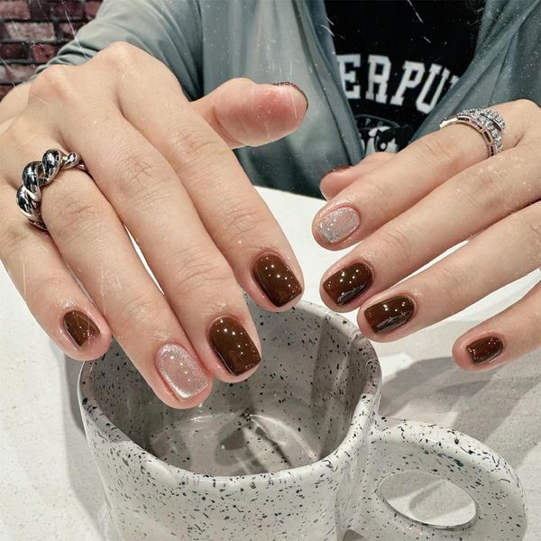 24pcs Short Square False Nails Coffee Cat Eye Stick on Nails Glitter Nude Press on Nails Removable Glue-on Nails Full Cover Acrylic Fake Nails Set Women Brides Nail Art Accessories