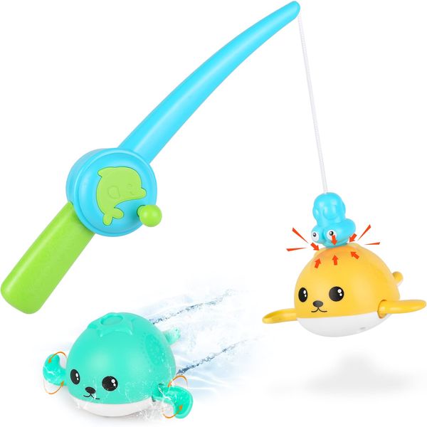 KINDIARY Bath Toys, Magnetic Fishing Games with Wind-up Swimming Whales, Water Table Pool Fun Time Bathtub Tub Toy for Toddlers Baby Kids Infant Girls Boys Age 1 2 3 4 5 6 Years Old