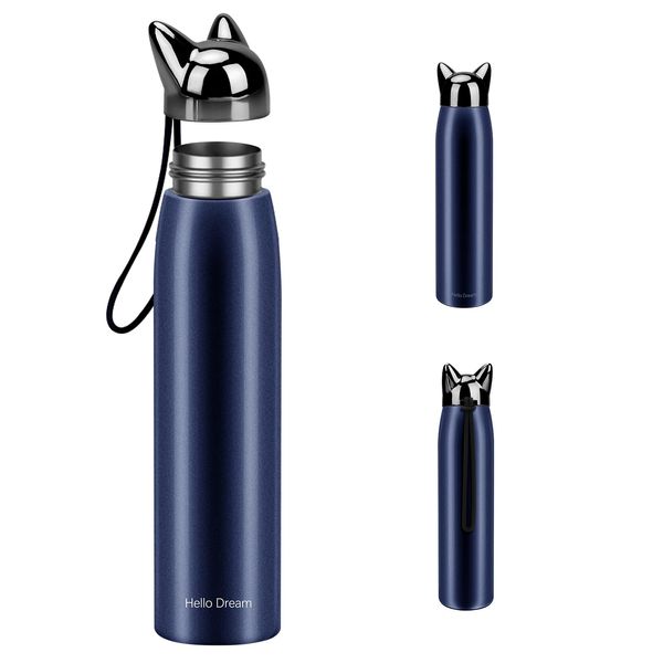 Cute Cat Water Bottle, AIMMIE Stainless Steel Insulated Water Bottles Vacuum Travel Coffee Mug for Kids Girls Women Leak-Proof Cat Insulated Water Bottle, 320 ml/10.8 oz