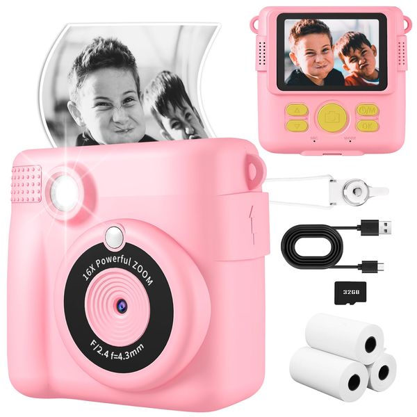 Kids Camera, Instant Print Camera 2.4 Inch Screen 1080P Digital Camera with 16X Digital Zoom, 32GB TF Card for 3-13 Boys and Girls Birthday Gift