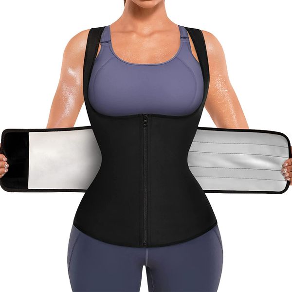 KUMAYES Damen Sauna Effekt Anzug Fitness Taille Waist Trainer Schwitzeffekt Training Tanktop Unterbrust Taillenformer Korsett Bauchweg Shapewear Fitness Figurformender Body Weste (XL, Schwarz)