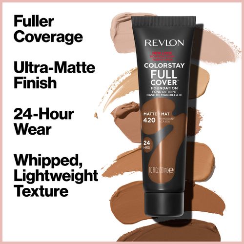 Revlon ColorStay Full Cover Longwear Matte Foundation, Heat & Sweat Resistant Lightweight Face Makeup, Mahogany (420), 1.0 oz