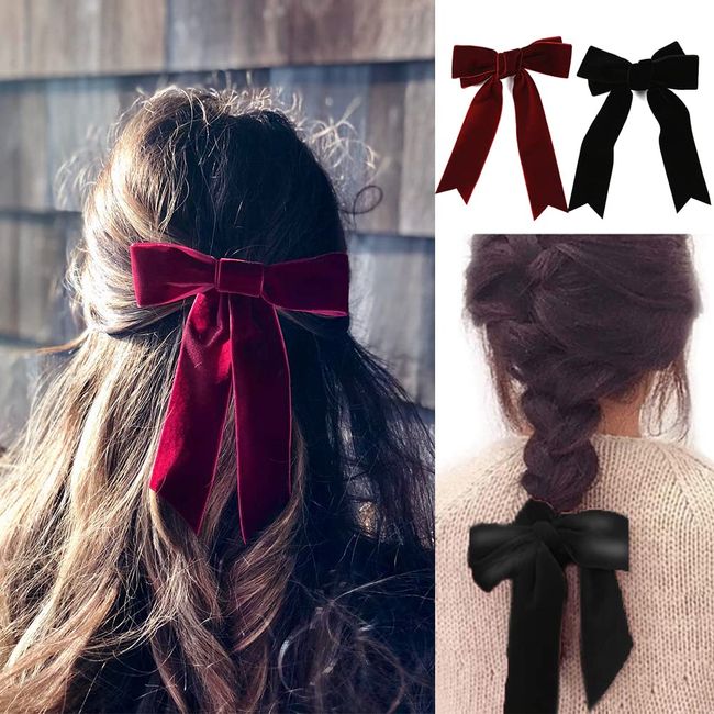 Bowknot Haarspangen Rote+Schwarz Schleife Clip Samt Satinband Schleifen Craft Bows Große Haarschleifen-Clips für Damen und Mädchen, Haarschleifen mit französischer Haarspange, 14 cm 2 Stück