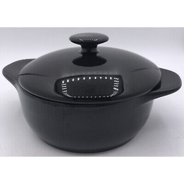 Stoneware Casserole Baking Bowl Black Crock +Lid 7x4” Hot Food Storage Looks New