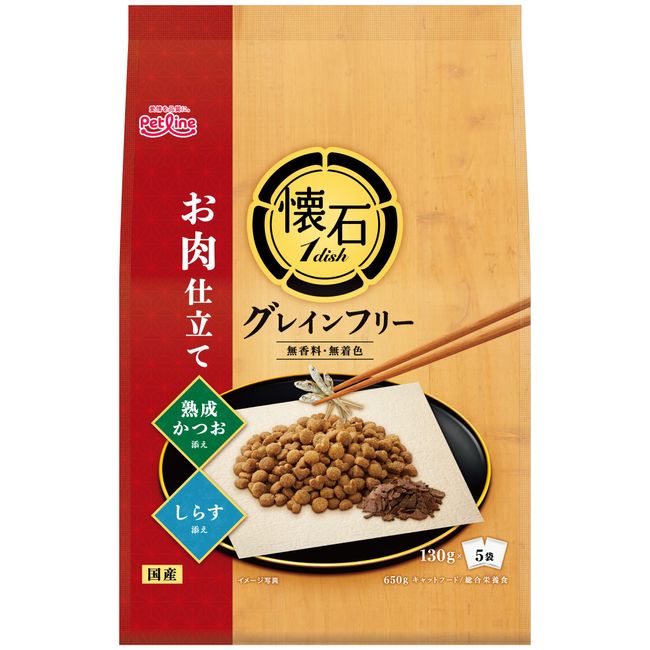 Pet Line Kaiseki 1dish, Cat Food, Grain Free, Meat Tailored, Aged Bonito and Whitebait, 22.9 oz (650 g) (4.6 oz (130 g) x 5), Dry Topping, Domestically Produced, Single Flavor, Uncolored, 22.9 oz (650