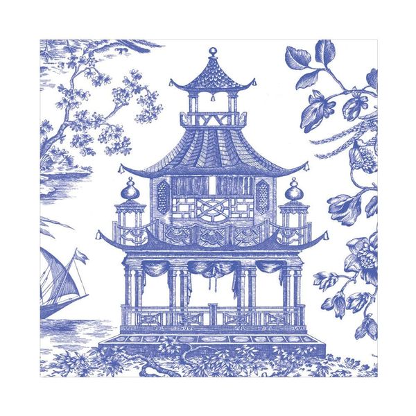 Caspari Chinoiserie Toile Pagoda Blue Luncheon Paper Table Napkins 20 in a Pack 33cm Square