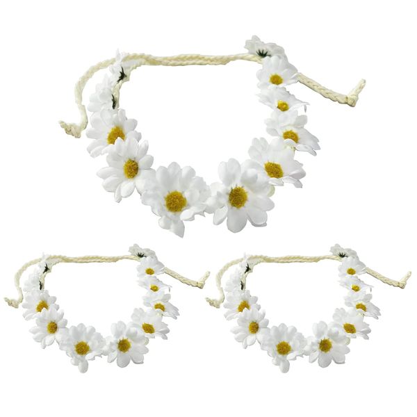 3PCS White Bohemian Style Imitation Daisy Flower Crown Sunflower Hair Wreath Garland Headband Headpiece Sunhat Accessories for Women Girls Wedding Festival Party Beach Vacation Seaside Holiday