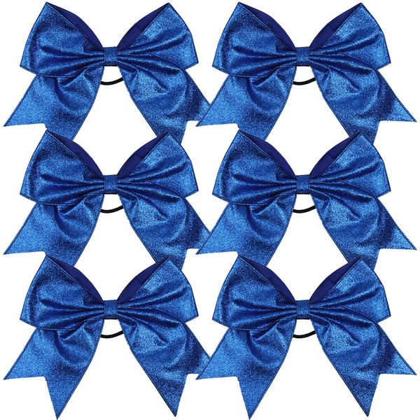 Cheerleader Bows Cheerleading 8 inch Sparkle Glitter Ponytail Holder Hair Tie School for High School College Girl Team Sports 6 Pcs … (Royal Blue)