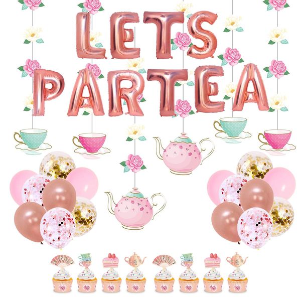 JOPARY Tea Party Decorations with LET'S PAR TEA Aluminum Foil Balloons Floral Tea Party Hanging Decorations Latex Balloons and Teapots Teacups Cupcake Toppers for Lets Par-Tea Party Decor