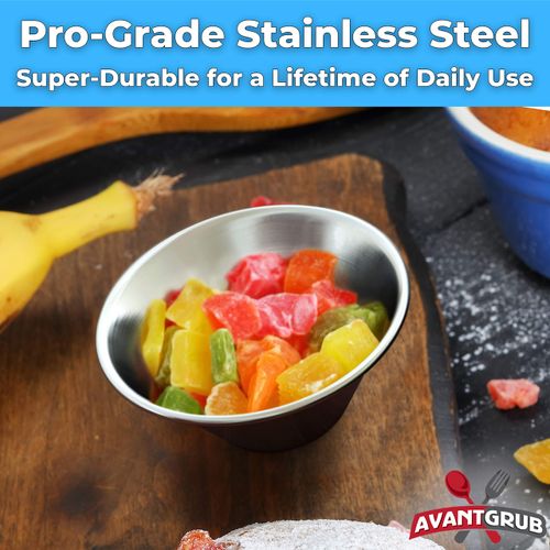 Pro Grade Stainless Steel 1.5oz Sauce Cups 4Pk. Reusable Stackable Metal Portion Containers for Sampling, Salad Dressing, Sides or Dipping Sauces. Small Ramekin for Restaurant, Catering or Deli.