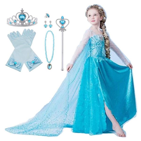 Children's Princess Elsa Dress, Costume, Frozen Elsa Dress, 7-Piece Set, Ice Blue (Princess Dress, Heart Tiara, Magic Wand, Gloves, Necklace, Ring, Earrings)