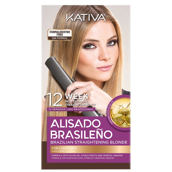 Kativa Brazilian Straightening Blonde Kit, 12 Weeks of Home Use Professional Straightening, with Olive Oil, Citrus Fruits and Keratin, for Straighter, Softer and Shinier Light-Coloured Hair