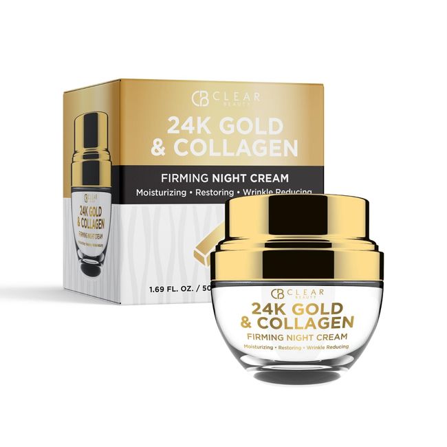 Clear Beauty 24K Gold and Collagen Night Face Moisturizer - Reduces Age Spots, Fine Lines & Wrinkles, Lifting & Firming Night Cream - Cruelty Free Korean Skin Care For All Skin Types