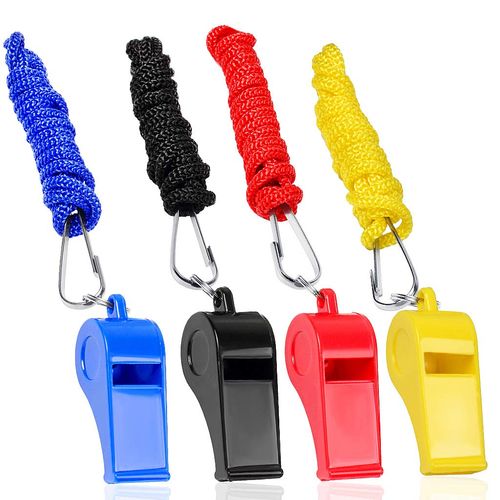 IKR 4 Packs Plastic Whistles With Lanyard Set For Coach Referee Sports Match Survival Emergency 4 Colors Black Blue Yellow Red
