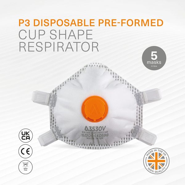 Alpha Solway 3530V Lightweight UK Made Pack of 5 Latex Free FFP3 Valved Disposable Respirators EN 149:2001+A1:2009 FFP3 Masks UK Certified Cup Shaped Dust Mask Respirator Single Use