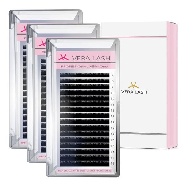 VERA LASH 3 Boxes, MIX Type Eyelash Extensions Synthetic Mink Tray, 16 Rows, Light and Long Lasting False Eyelashes, Matsueku J, B, C, CC, D, DD, L, L+ Curl/MIX Type (J-0.25-Mix (0.25-Mix (0.3 - 0.6 inches (7 - 15 mm))