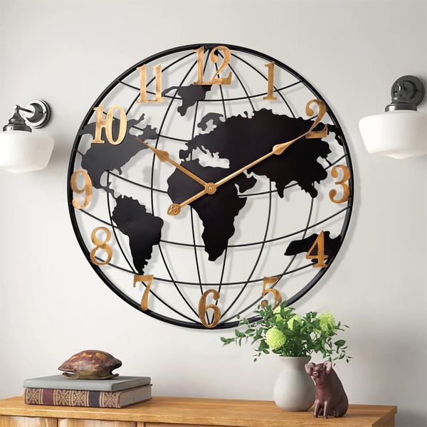 Large World Map Wall Clock, Metal Minimalist Modern Clock,Round Silent Non-Ticki