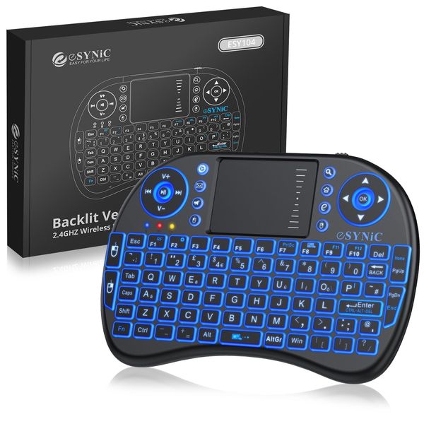 eSynic Backlit Keyboard Wireless 2.4GHz Keyboard Touchable Keyboard Portable with Touchpad Mouse and Built-in Rechargeable Battery For Google Smart TV Android Box Windows Laptop etc