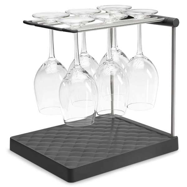 KOHLER K-8628-CHR Wine Glass Drying Rack, Wine Glasses Rack Organizer, Folding Drying Rack for 6 Wine Glasses, Charcoal