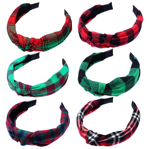 SUMERSHA 6pcs Christmas Knotted Headbands Buffalo Plaid Headband Wide Top Knot Hair Bands Non-slip Turban Head Bands Fashion Women Girls Hair Accessories for Birthdays Christmas Parties