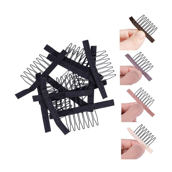 24 pcs/lot Wig Combs 7-teeth Wig Clips Steel Teeth Polyester Durable Cloth Wig Combs for Hairpiece Caps Wig Accessories Tools (Black)