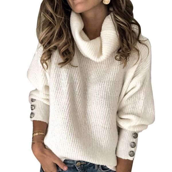 Sovelen Women's Oversized Turtleneck Chunky Pullover Sweaters Cowl Neck Long Sleeve Winter Slouchy Loose Knit Sweaters White