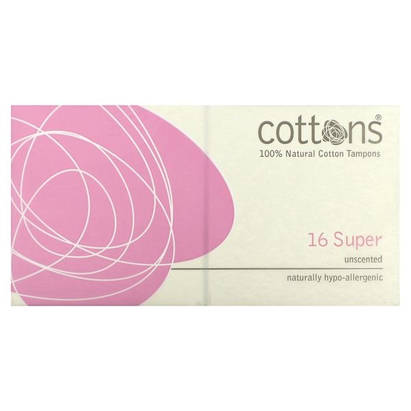 100% Natural Cotton Tampons, Super, Unscented, 16 Tampons