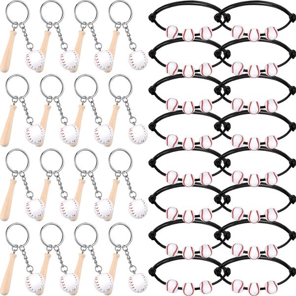 Romooa 32 Pcs Baseball Party Favors Includes 16 Mini Baseball Keychain with Wooden Bat 16 Baseball Charm Bracelets Baseball Beads Bracelet for Baseball Birthday Party Supplies Team Sports Party Favor