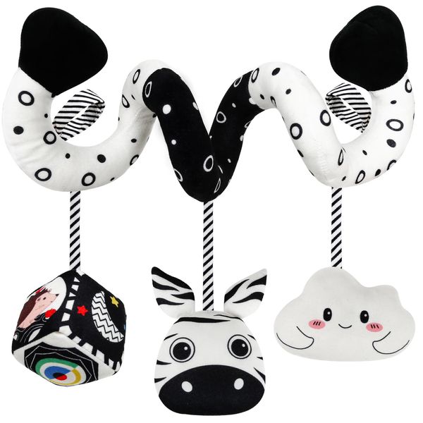 Car Seat Toys For Babies 0-6 Months,Hanging Rattle Toys for Crib Mobile, Baby Spiral Hanging Stroller Black And White High Contrast Baby Toys For Newborn 0 3 6 9 12 Months Baby Boys Girls (Zebra)