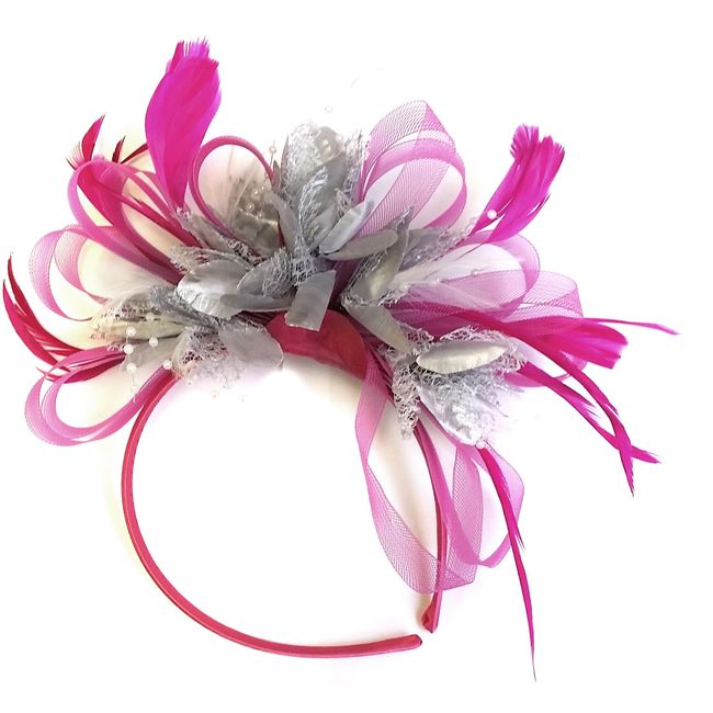 Caprilite Fashion Fuchsia Hot Pink and Silver Feather Hair Fascinator Headband Wedding and Royal Ascot Races Ladies