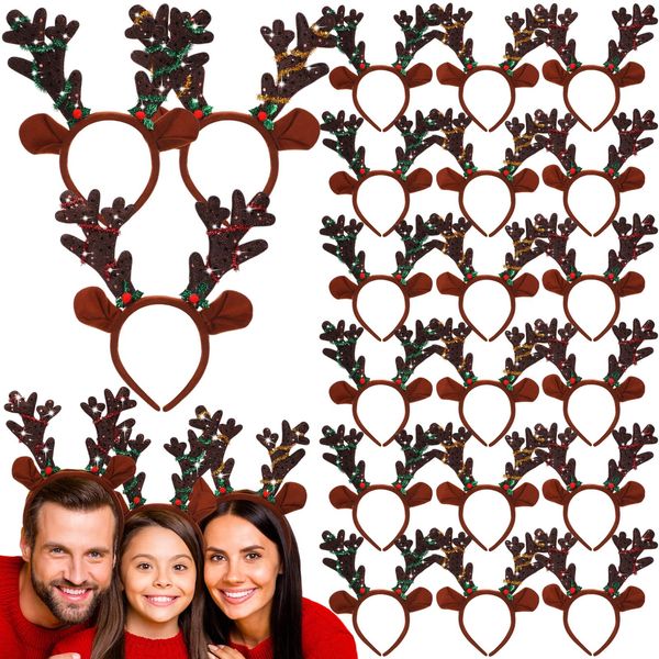 Yuxung 24 Pcs Reindeer Antlers Sequined Headband Reindeer Ear Headband Christmas Headpiece Deer Hairbands for Kids Adults Costumes Party Accessories Supplies