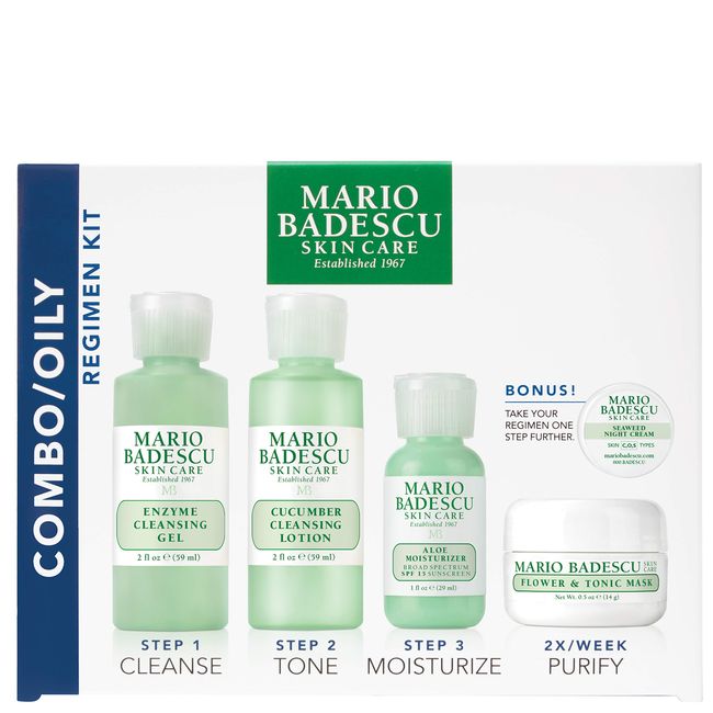 Mario Badescu Combo/Oily Regimen 5 Piece Kit, Skincare Gift Set Includes Enzyme Cleansing Gel, Cucumber Cleansing Lotion, SPF 15 Aloe Moisturizer, Flower & Tonic Mask and Seaweed Night Cream