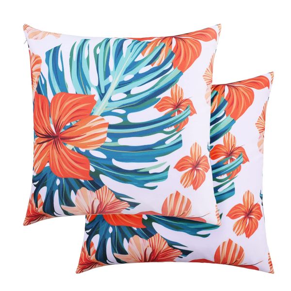 Eternal Beauty|Polyester Decorative Square 2 PCS Cushion Covers 18"x18",Whaterproof Outdoor Throw Pillow Case for Garden Furniture Sofa with Invisible Zipper,Orange flower(45cmx45cm)