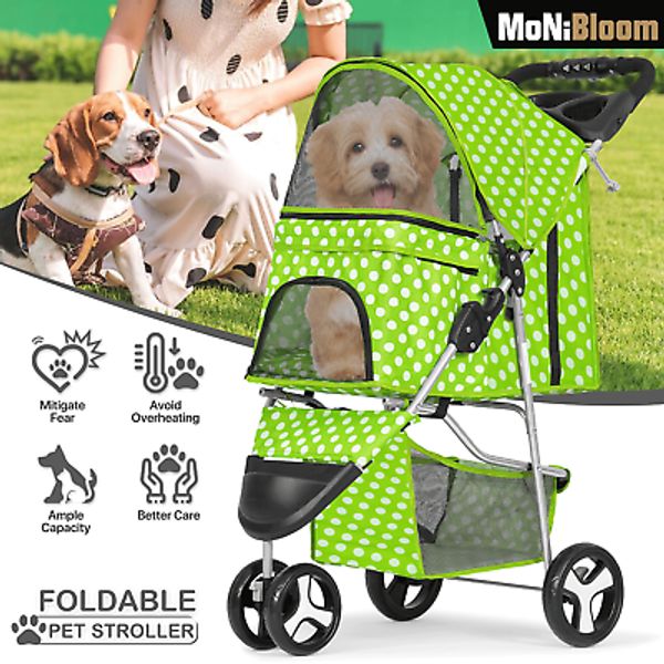 3 Wheels Pet Stroller Foldable Dog Cage Puppy Travel Carrier Cage w/Cup Holder