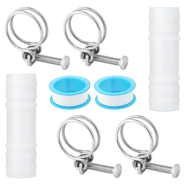 Double Wire Hose Clips Set for 25-29mm Pipes, Adjustable Stainless Steel Hose Clamps, 4Pcs Hose Clips 2Pcs Pond Hose Adapters and 2Pcs Sealing Tapes Total 8 in Pack