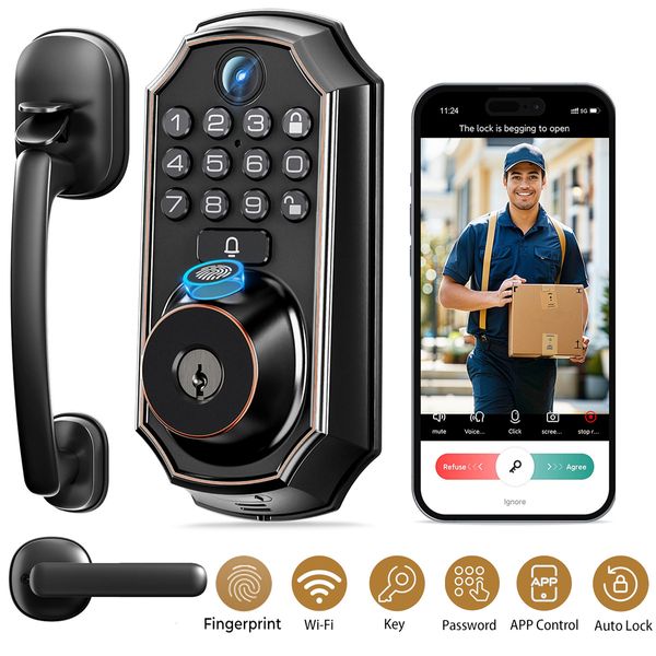 ARPHA Keyless Entry Fingerprint Door Lock WiFi APP Video Camera Doorbell+Knobs