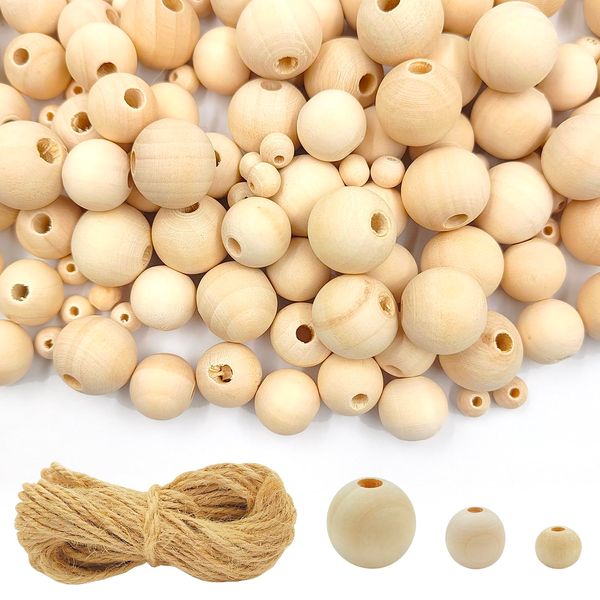 150 Pcs Unfinished Wooden Beads, 3 Sizes, with 10m Jute Twine, Natural Wood Loose Beads Bulk for Crafts Tassel Garland Jewelry Making Macrame Bracelets DIY Farmhouse Decor, 8mm/16mm/20mm, Wooden Beads