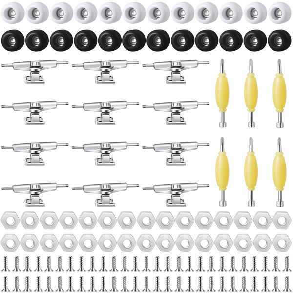 Jexine 6 Sets DIY Fingerboard Kit Fingerboard Accessories Mini Finger Skateboard Parts Include 12 Brackets 54 Screws 30 Nuts 6 Screwdriver 24 Fingerboard Wheels Tool for 96mm (Black, White)