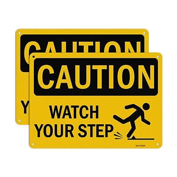 2 Pack Aluminum Watch Your Step Sign for Walls Fence Posts Doors, 10x7 Inch