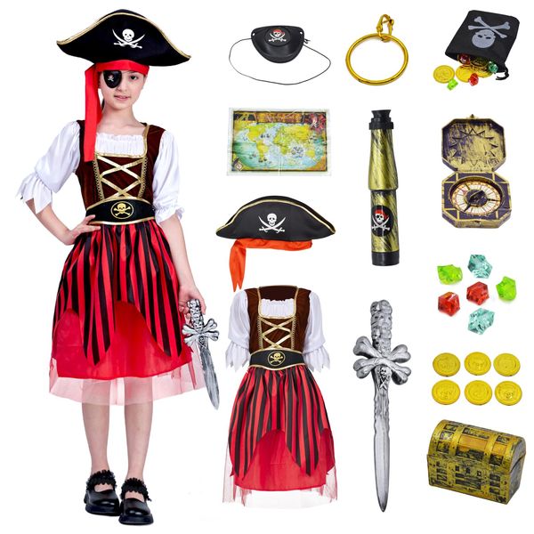 DNQCOS Pirate Costume Role Play Set - Sea Buccaneer Costume Dress up Carnaval Birthday Christmas Gifts (Girl Dress Set, 4-6 Years)