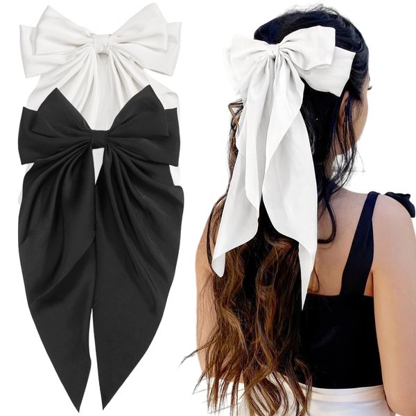 2Pcs Large Hair Bows for Women Girls, 7 inch Big Satin French Hair Barrettes, Bun Ponytail Holder Hair Bows for Women Girl Hair Accessories (Black White)