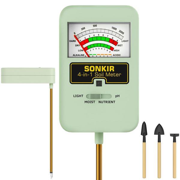 Sonkir Soil Moisture Meter, 4-in-1 Soil Ph Meter, Soil Tester for Nutrients, Moisture, PH and Light, Soil Ph Test Kits for Plant, Great for Garden, Indoor & Outdoor Use (No Battery Required), Green