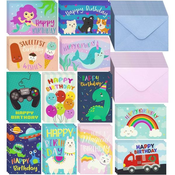 Pipilo Press 36 Pack Kids Birthday Cards Assortment with Colored Envelopes Bulk,