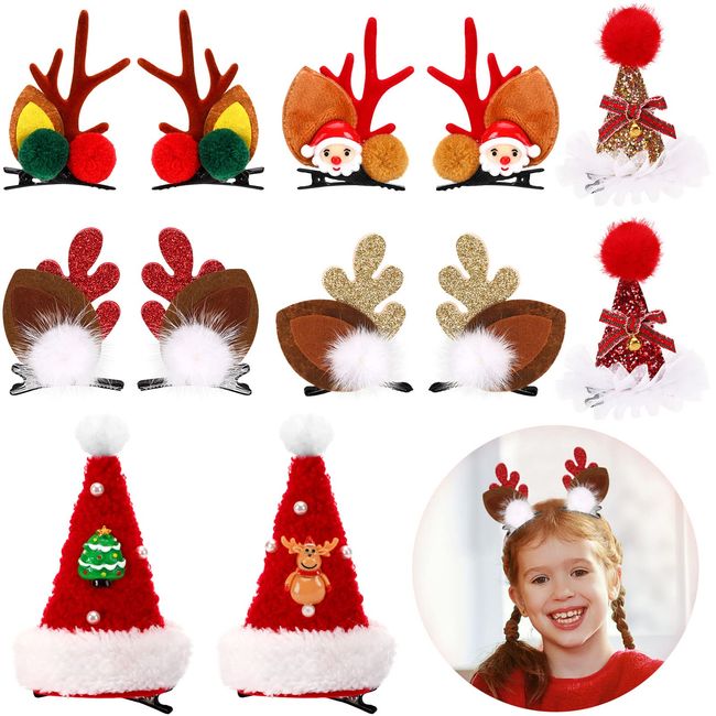 JUNEBRUSHS 6 Pairs Christmas Hair Clips Accessories Cute Reindeer Antlers Headband Ears Headdress Hairpins Antlers Christmas Tree Hat Hair Barrettes for kids