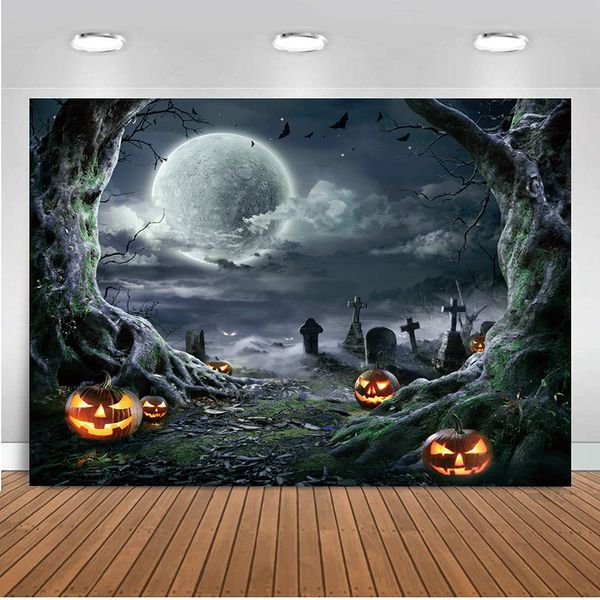 DHXXSC 10X8FT Halloween Graveyard Backdrop Scary Pumpkin Bat Grave Big Tree Moon Backdrop Happy Halloween Party Banner Vinyl Studio Background DH-57