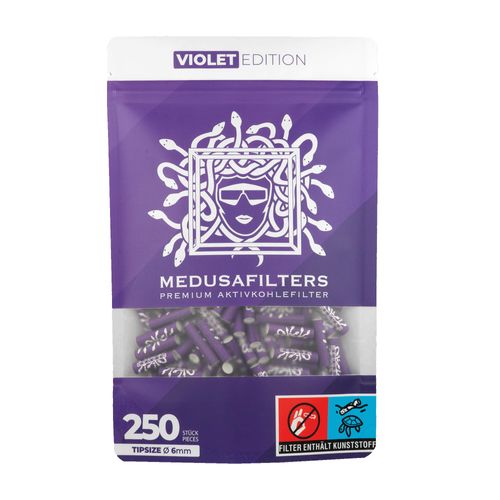 Medusafilters® Pack of 250 Slim Premium Activated Carbon Filters with Vegan Fibre Caps and Coconut Activated Carbon, Filter with 25 mm Length, Made in Germany (Violet Edition)