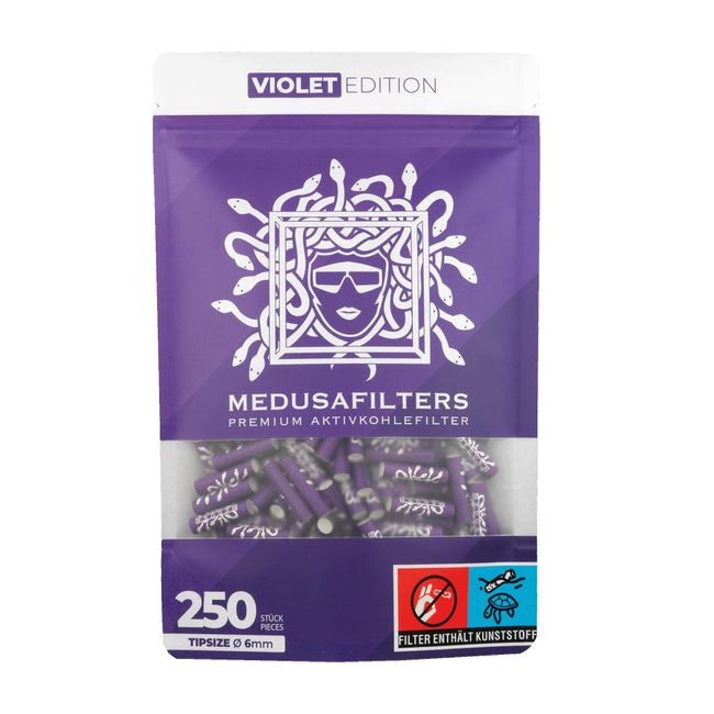 Medusafilters 250 + 5 Premium Aktivkohlefilter Slim Ø 6mm | Tip Size | Violet Edition | mit veganen Fasercaps und Kokosnussschalen Aktivkohle für angenehmeres und schadstoffärmeres Rauchen