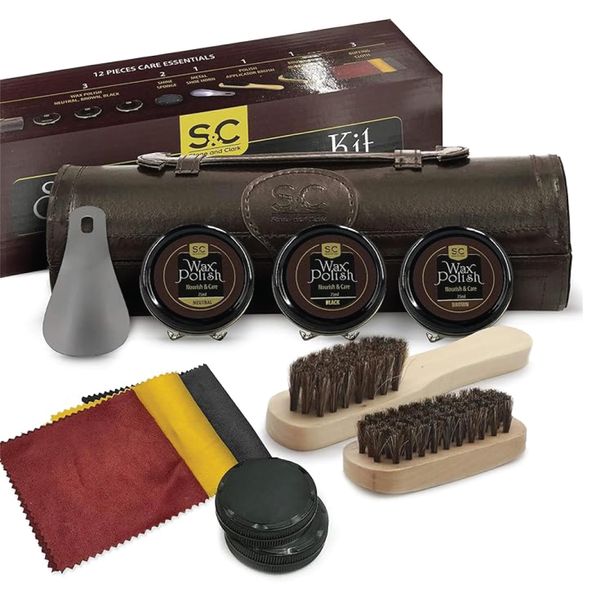 Stone & Clark 12PC Shoe Polish & Care Kit, Leather Shoe Shine Kit with Brown Wax, Shoe Brushes for Polishing, Shine Cloth & Shoe Horn, Compact Shoe Cleaning Kit with Horse Hair Brushes & PU